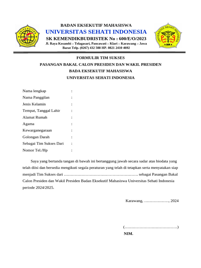 Formulir Tim Sukses BEM 2024/2025 | PDF