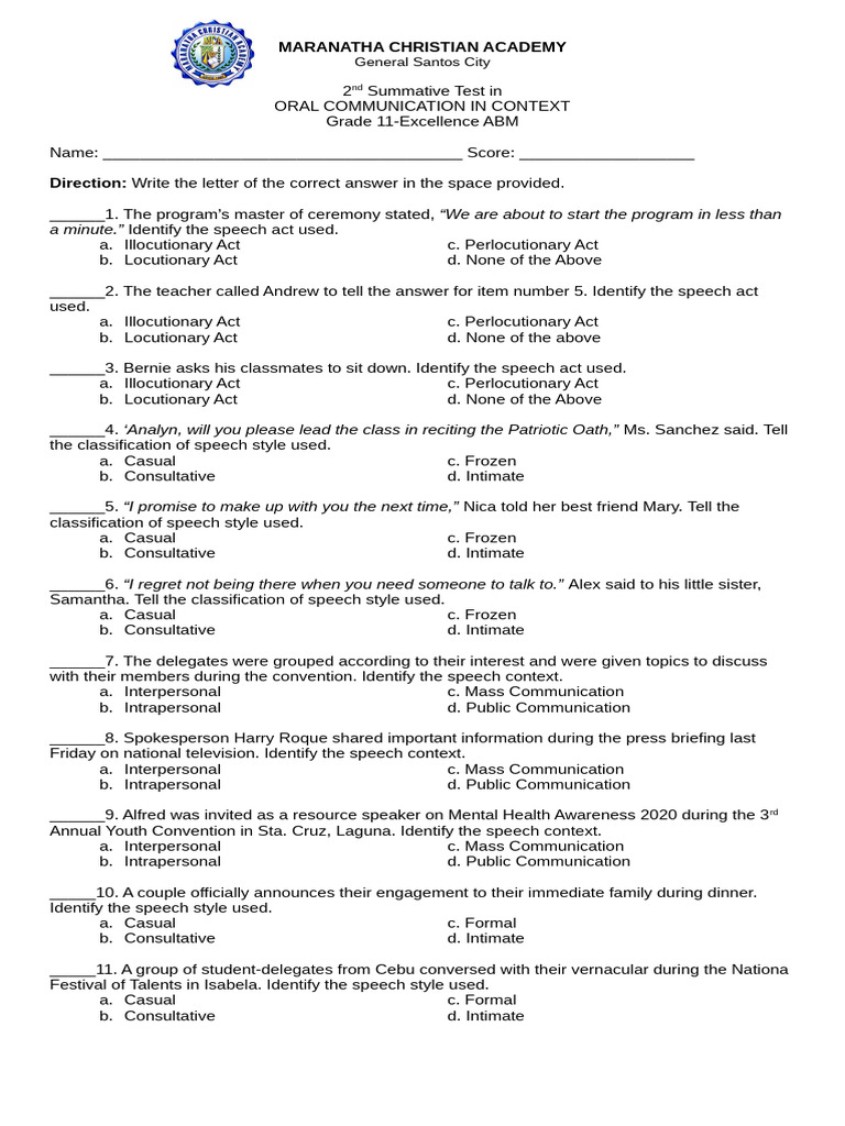 Grade 11 Oral Communication Test | PDF | Communication | Human ...