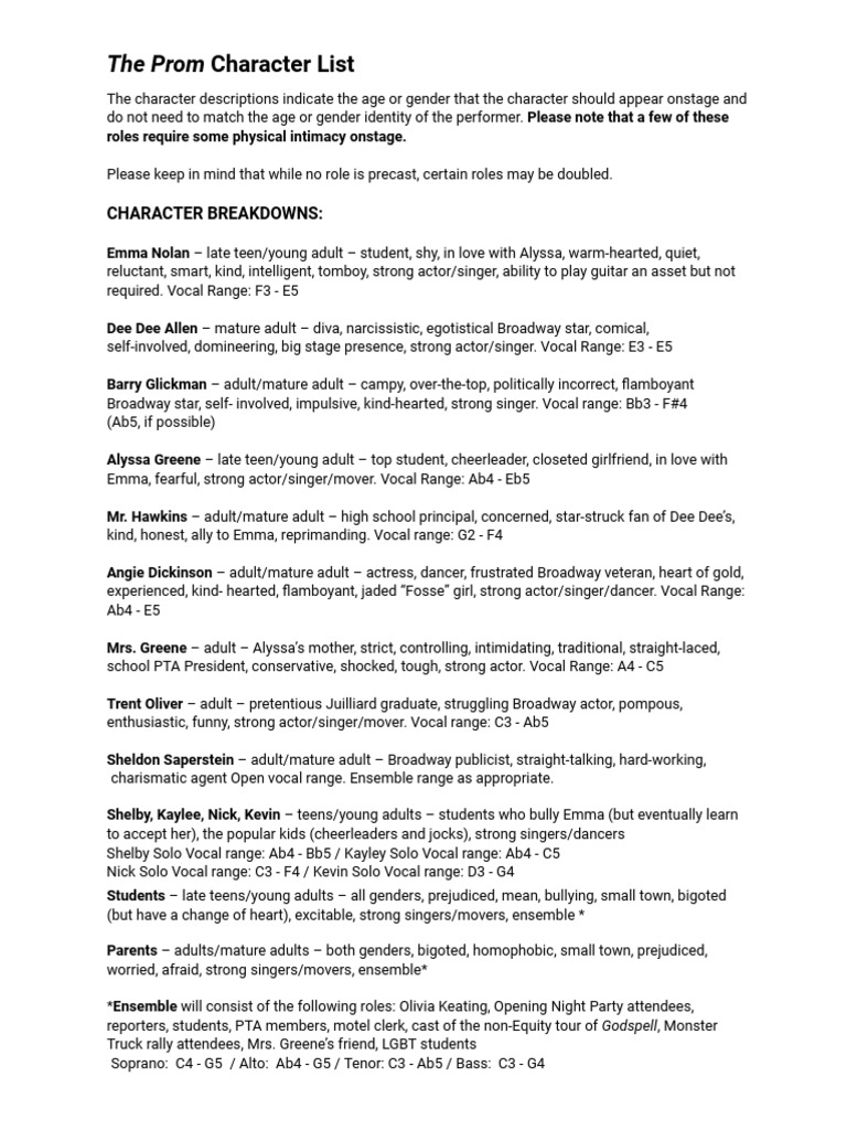 The Prom Character List | PDF | Performing Arts