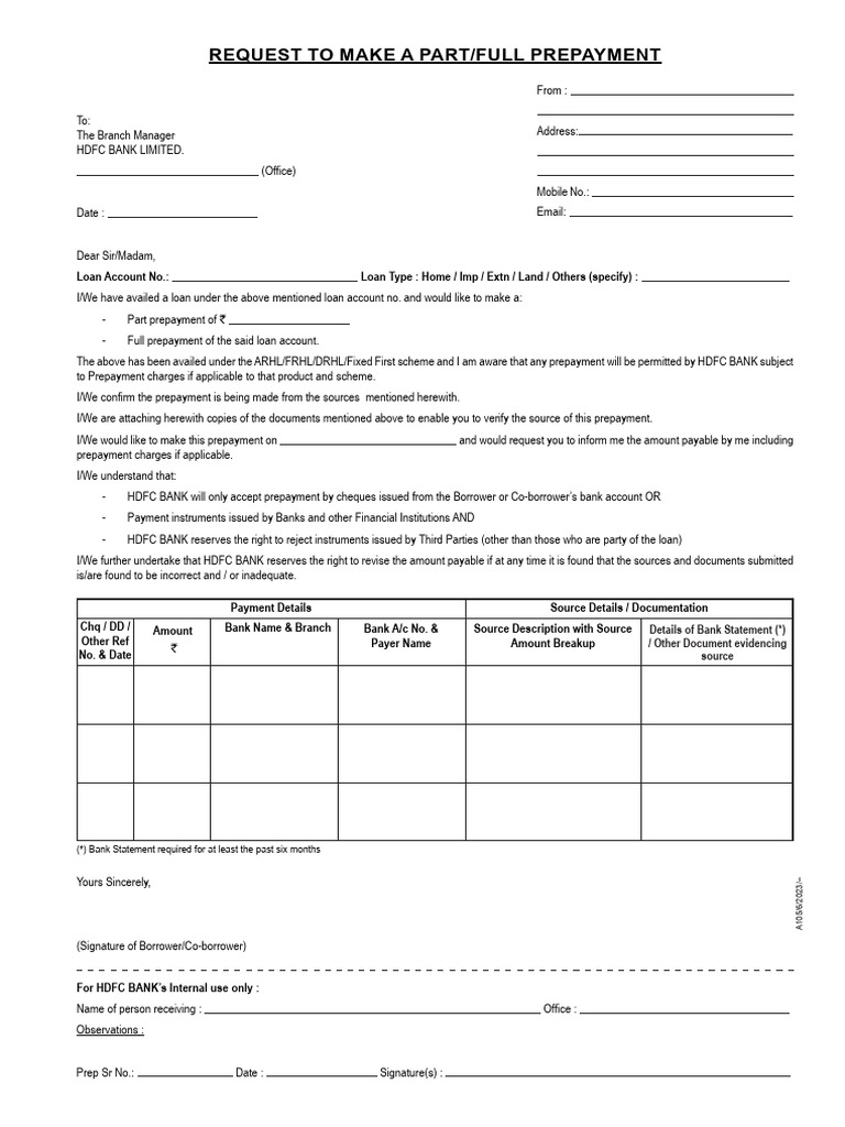 HDFC Loan Prepayment Request Format | PDF | Loans | Banks