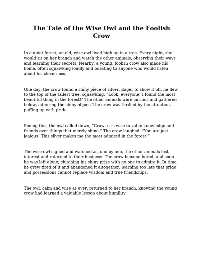 The Wise Owl and Foolish Crow's Lesson | PDF