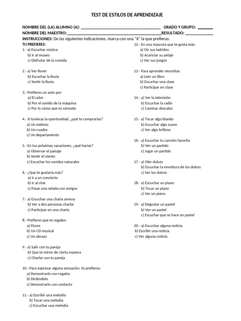 Test Estilos de Aprendizaje para Imprimir | PDF