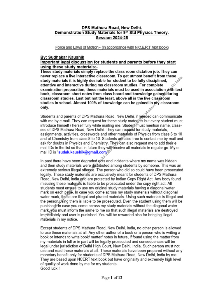 9th Std Physics Study Materials: Force & Motion | PDF | Force | Momentum