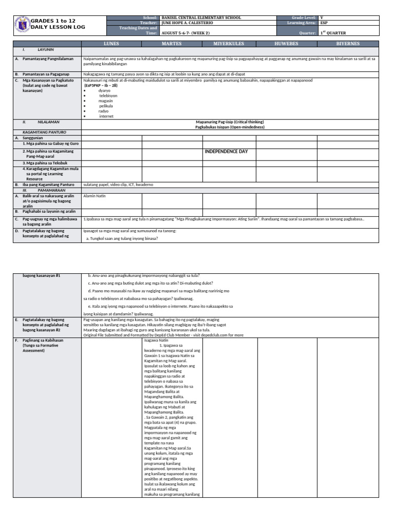 DLL - Esp 5 - Q1 - W2 | PDF