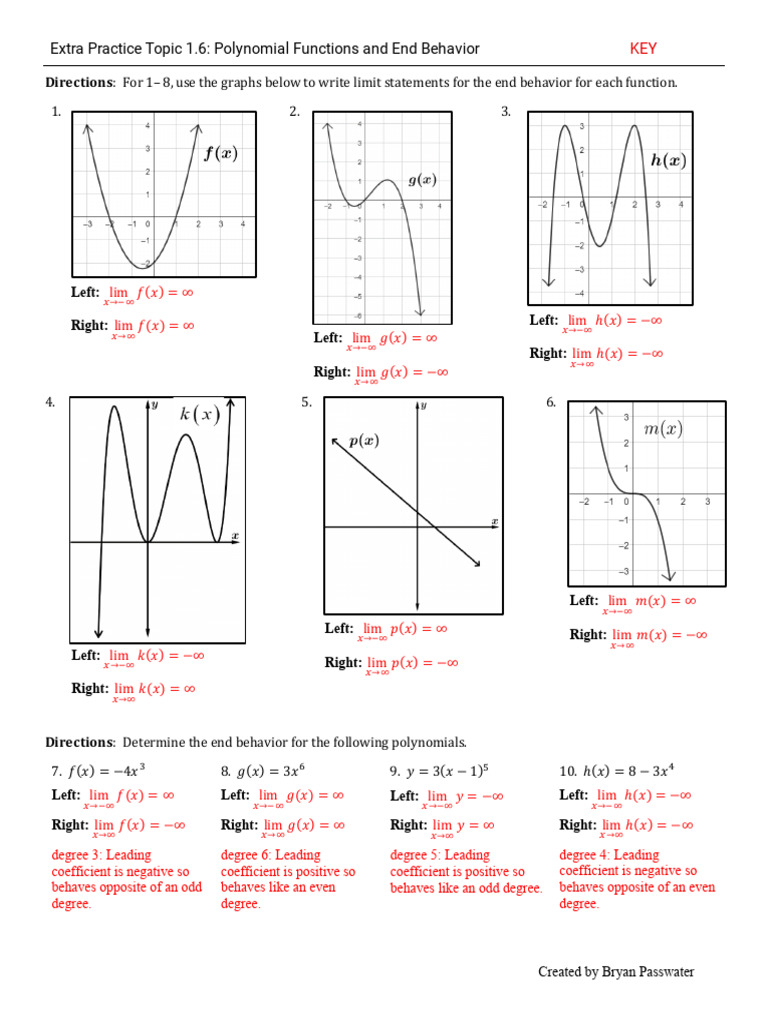 Extra Practice Key Topic 1.6 Polynomial End Behavior | PDF | Polynomial ...