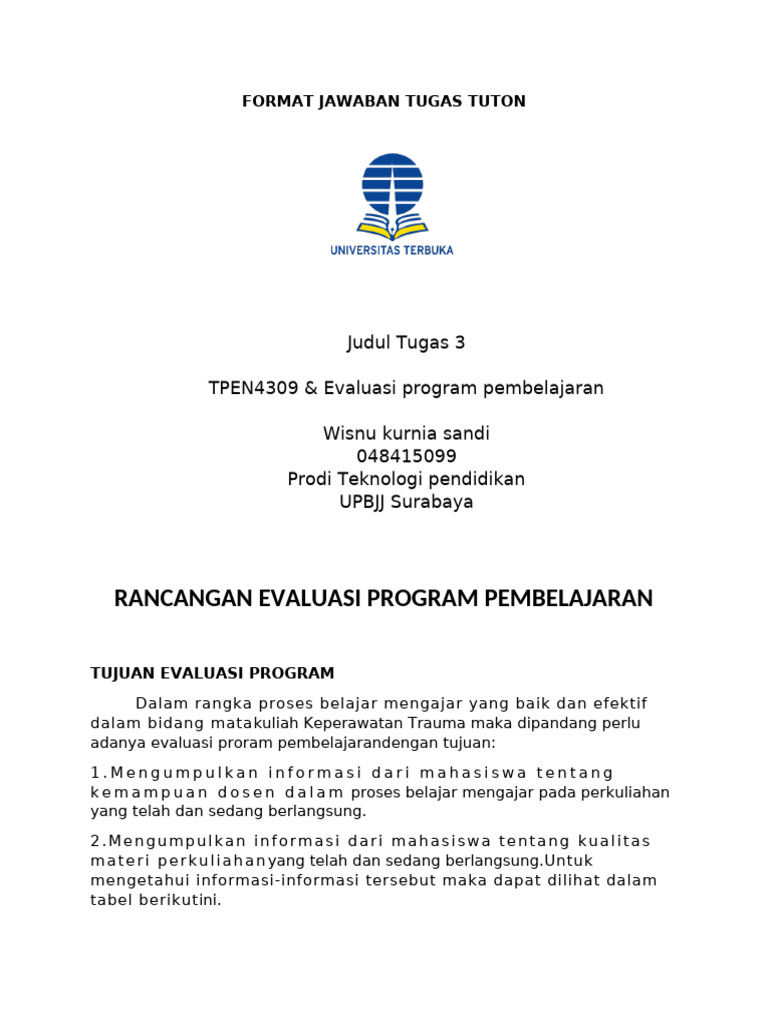 Tugas 3 TPEN4309 Evaluasi Program Pembelajaran | PDF | Karier ...