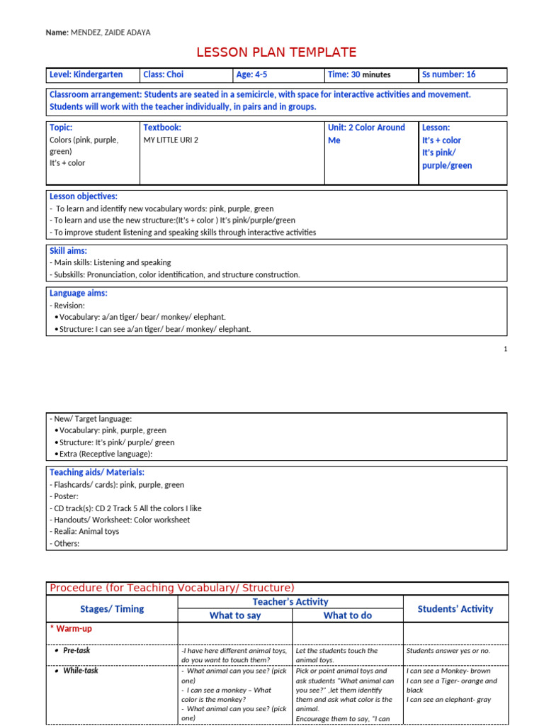 Lesson Plan Structure School Things | PDF | Color | Vocabulary
