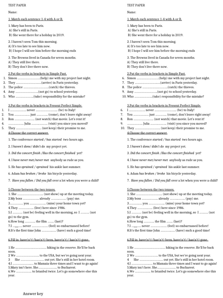 Present Perfect vs Past Simple Test | PDF | Linguistic Morphology ...