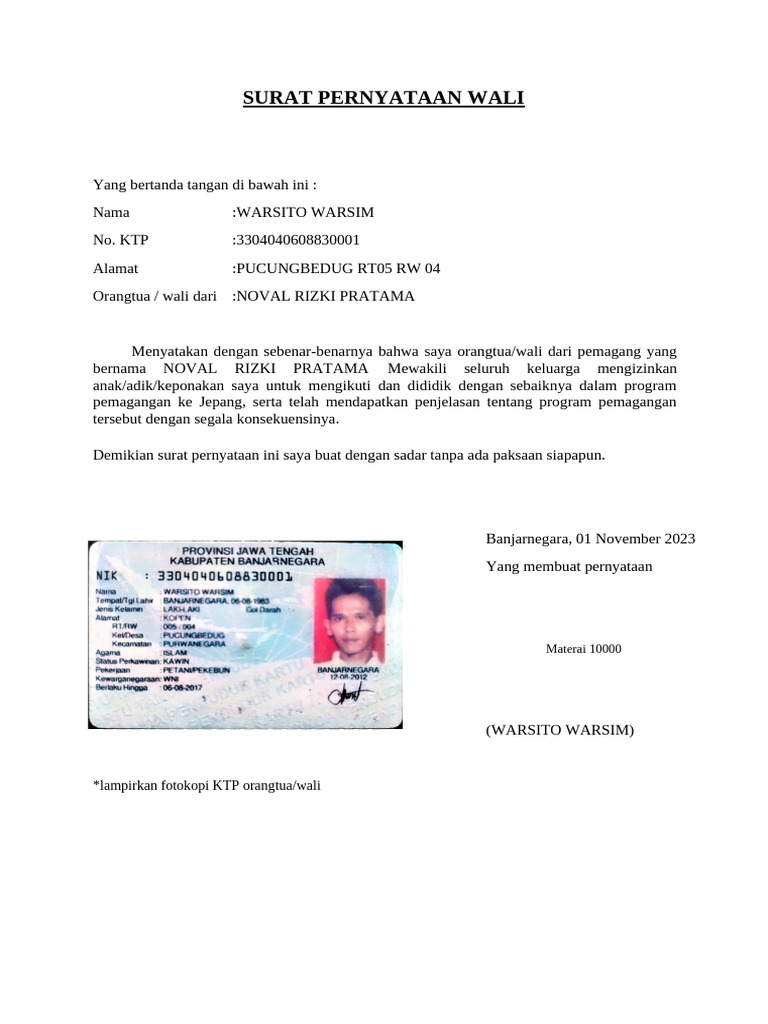 Draft Surat Pernyataan Wali - 075957 | PDF