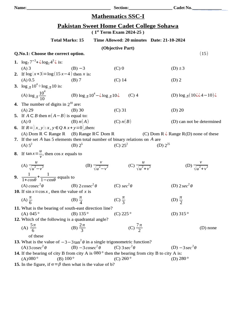 1st Term Test 9th Class (Objective) | PDF | Trigonometric Functions | Angle