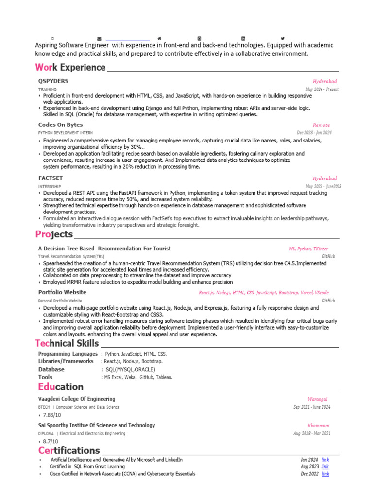 Aspiring Software Engineer Resume | PDF | Databases | Sql
