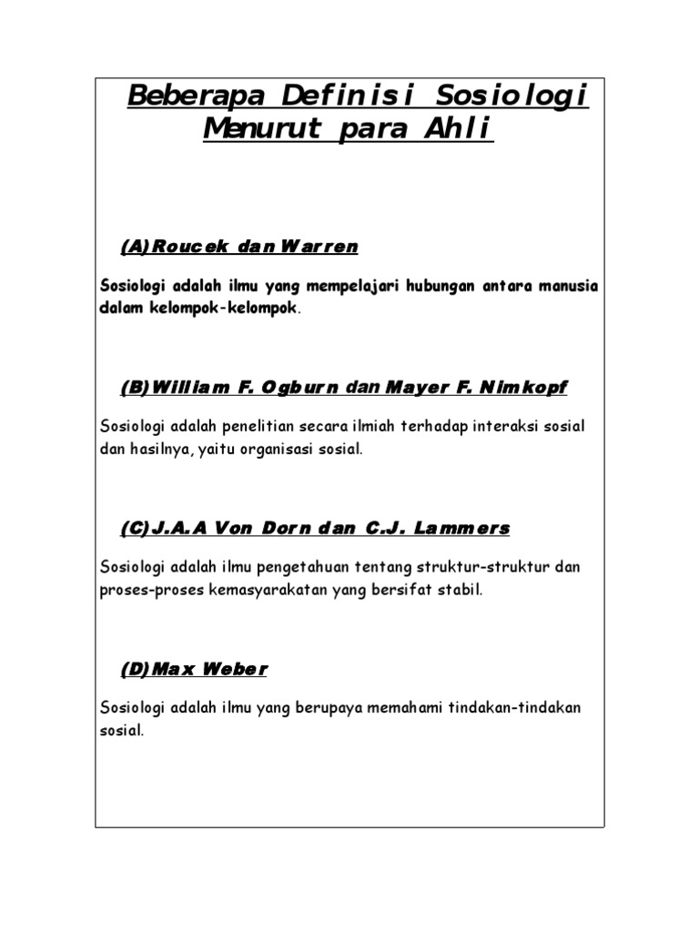 Beberapa Definisi Sosiologi Menurut Para Ahli Pdf