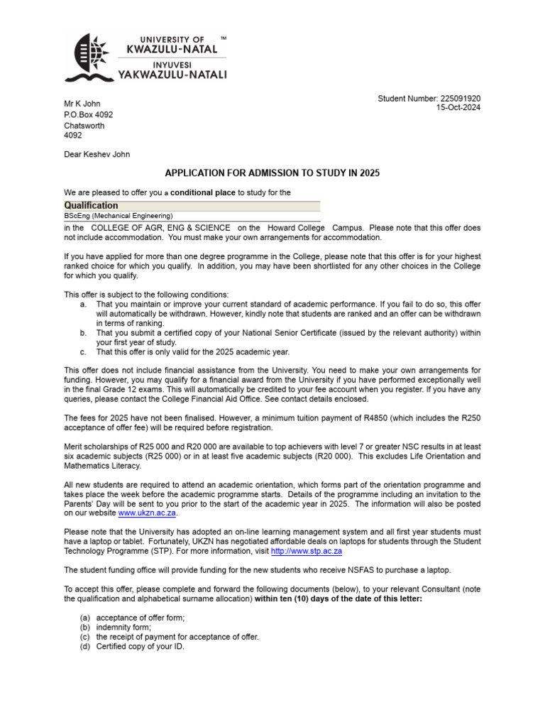 Application For Admission To Study in 2025 Qualification: Conditional ...