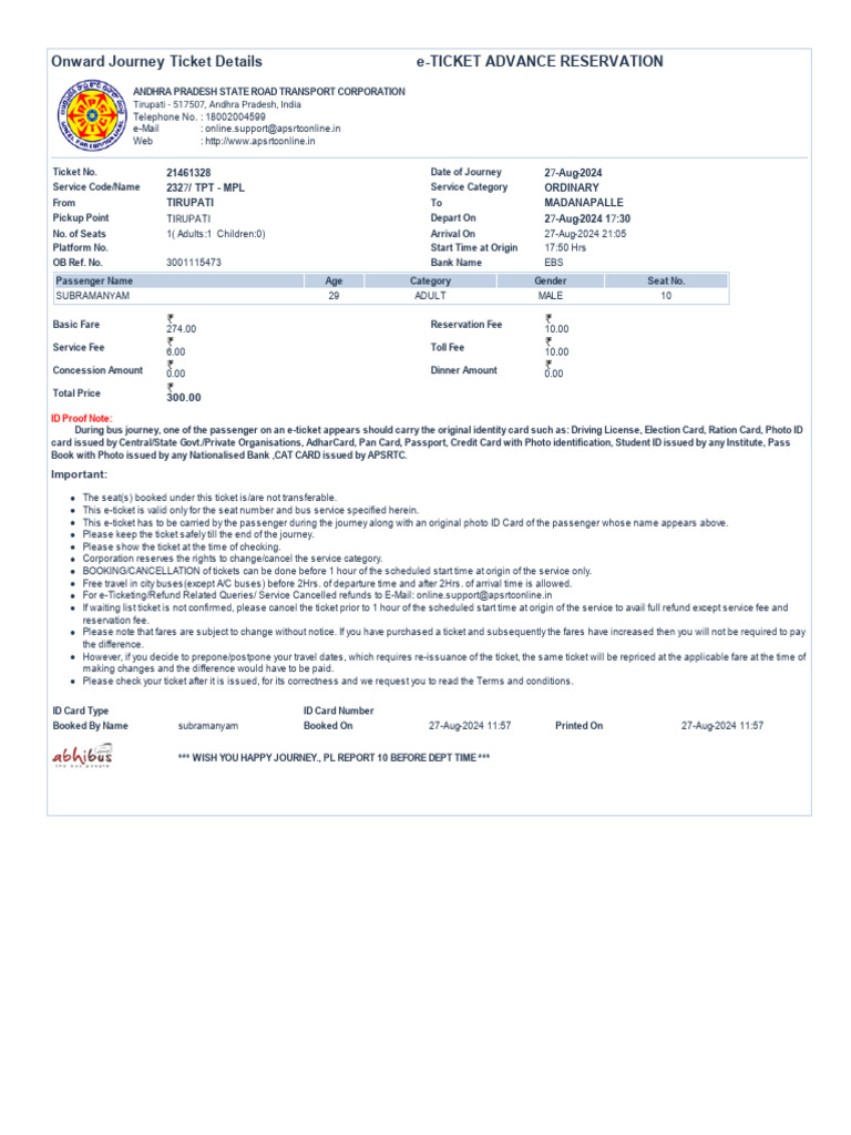 153986097-Apsrtc-Ticket | PDF | Identity Document | Transport