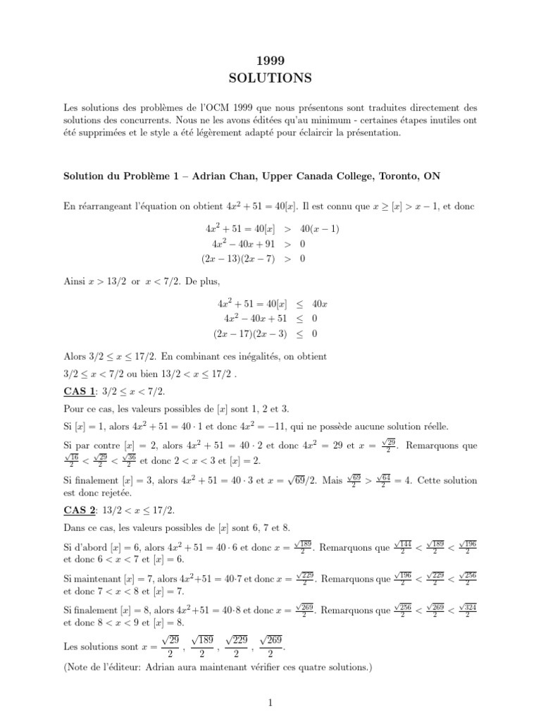 Solutions OCM 1999 : Problèmes et Résultats | PDF | Nombre | Arithmétique