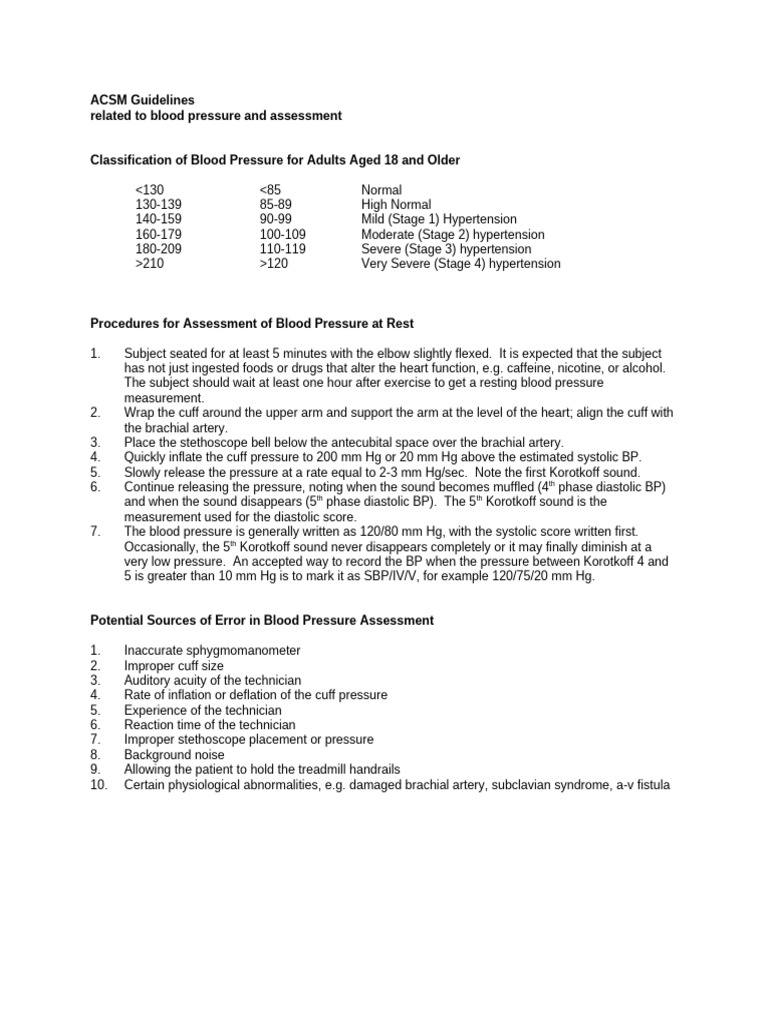 ACSM Blood Pressure Assessment Guidelines | PDF | Blood Pressure ...