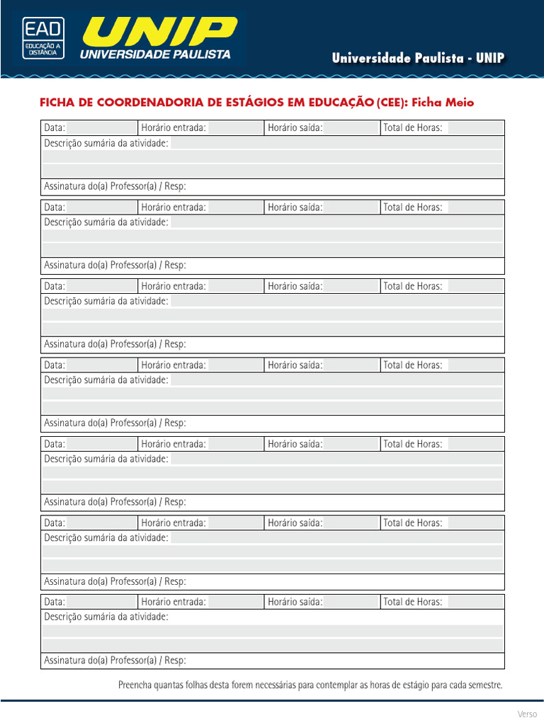 Ficha de Estágio na UNIP: Registro de Atividades | PDF | Estudos de ...