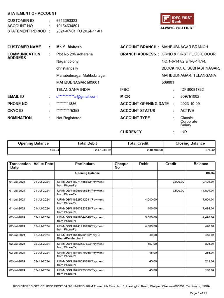 IDFC Mini Statement Overview | PDF | Debits And Credits | Payments
