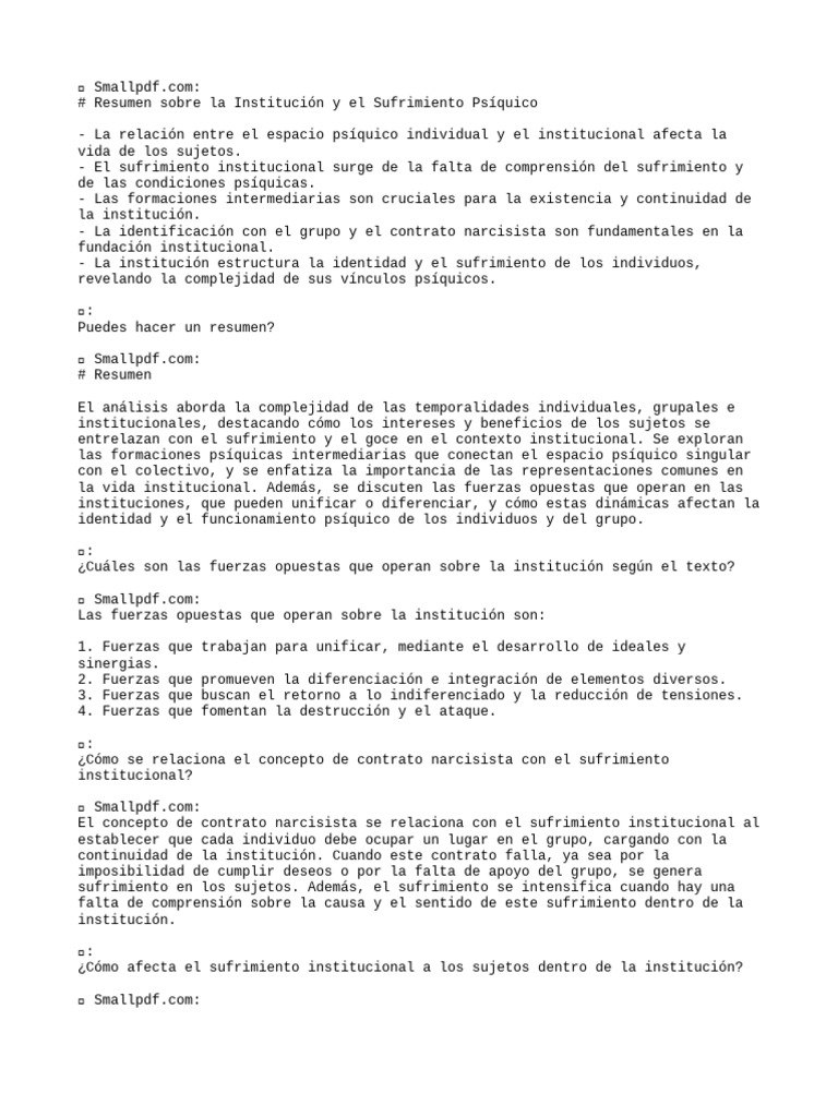 Kaes Realidad Psiquica Y Sufrimiento En Las Instituciones Summarize