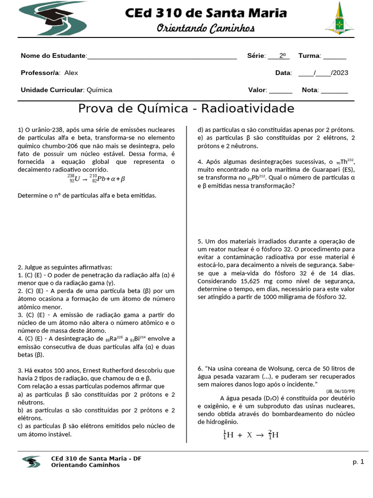 Prova de Química: Radioatividade e Decaimento | PDF | Radioatividade ...