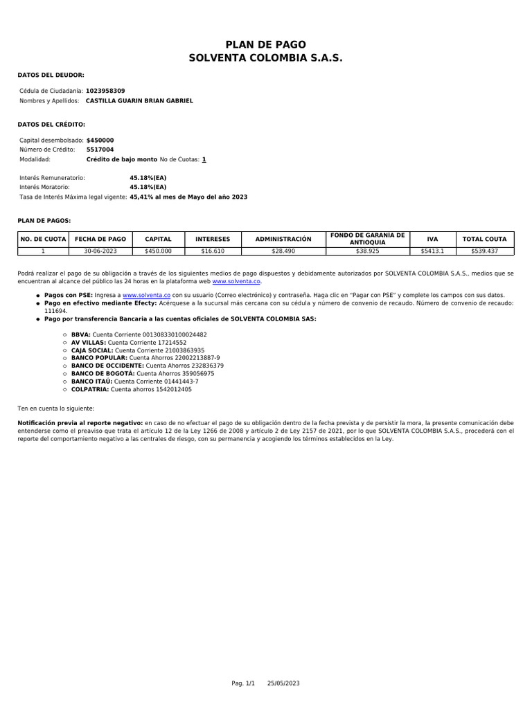 Plan Pago | PDF | Bancos | Finanzas personales