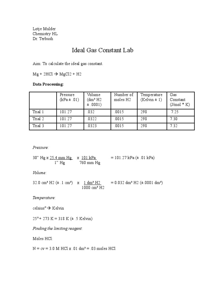 Ideal Gas Constant Lab 2011 PDF Mole (Unit) Gases