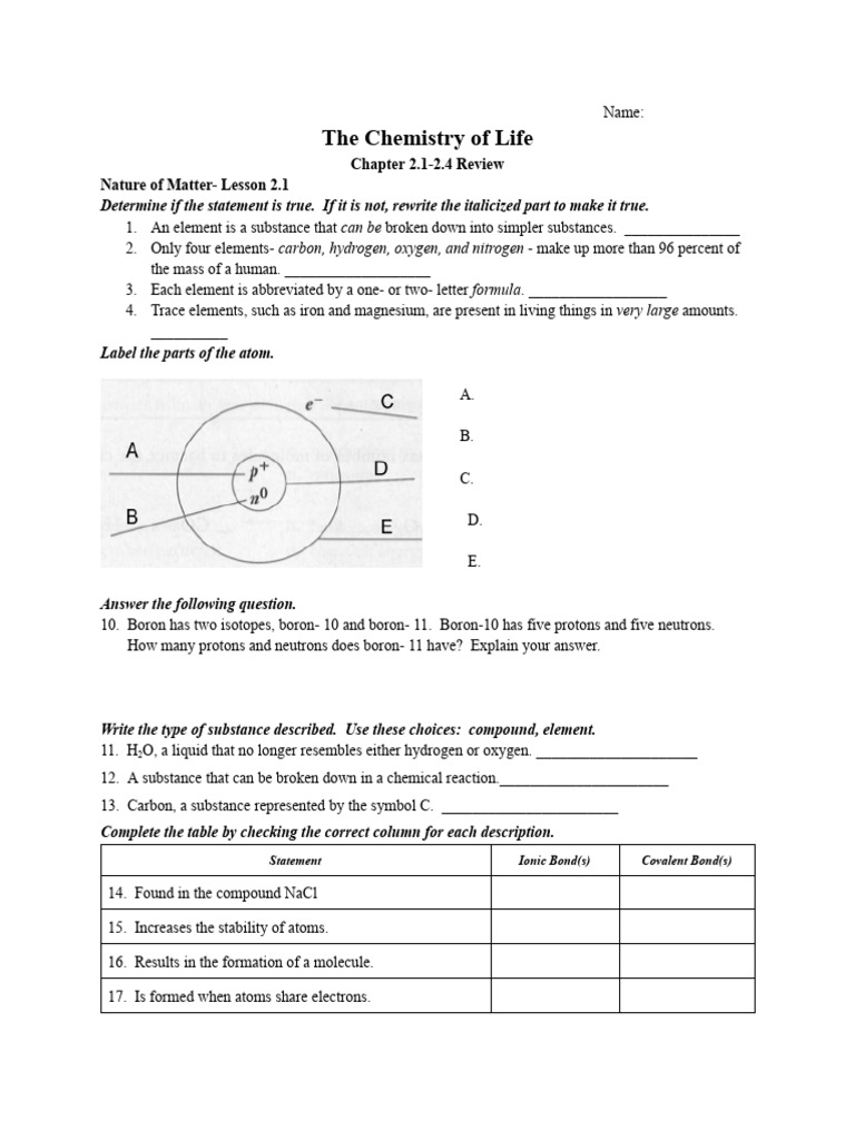 Chemistry of Life: Matter & Water Review | PDF | Chemical Elements ...