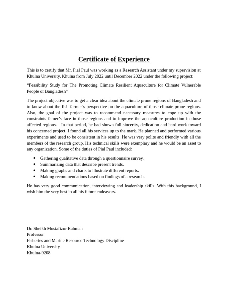 Mr. Pial Paul's Research Assistant Certificate | PDF | Career & Growth