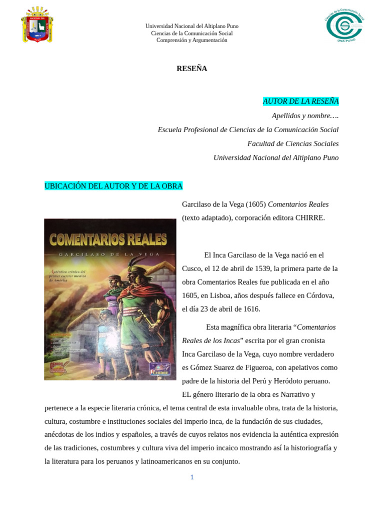 Resena Comentarios reales-MODELO DE RESEÑA | PDF | Imperio Inca | Perú