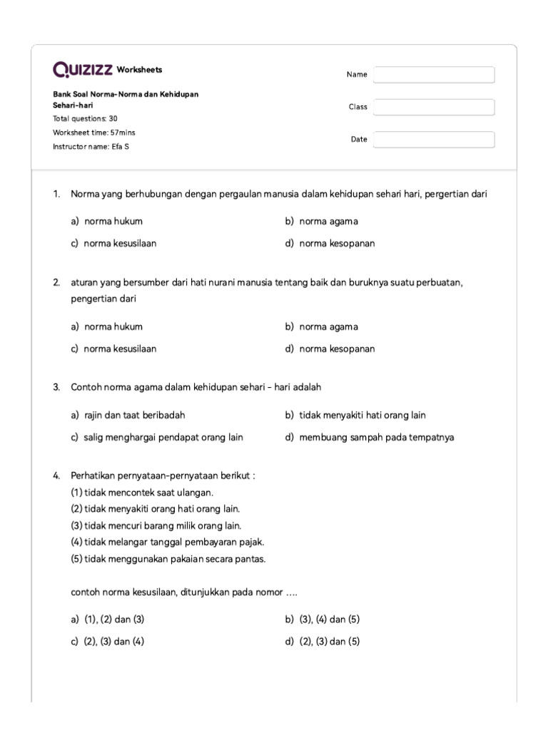 Worksheet Norma Kehidupan Sehari-hari | PDF