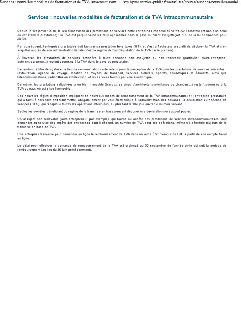 Services Nouvelles Modalites De Facturation Et De Tva Intracommunautaire Pme Taxe Sur La Valeur Ajoutee Facture