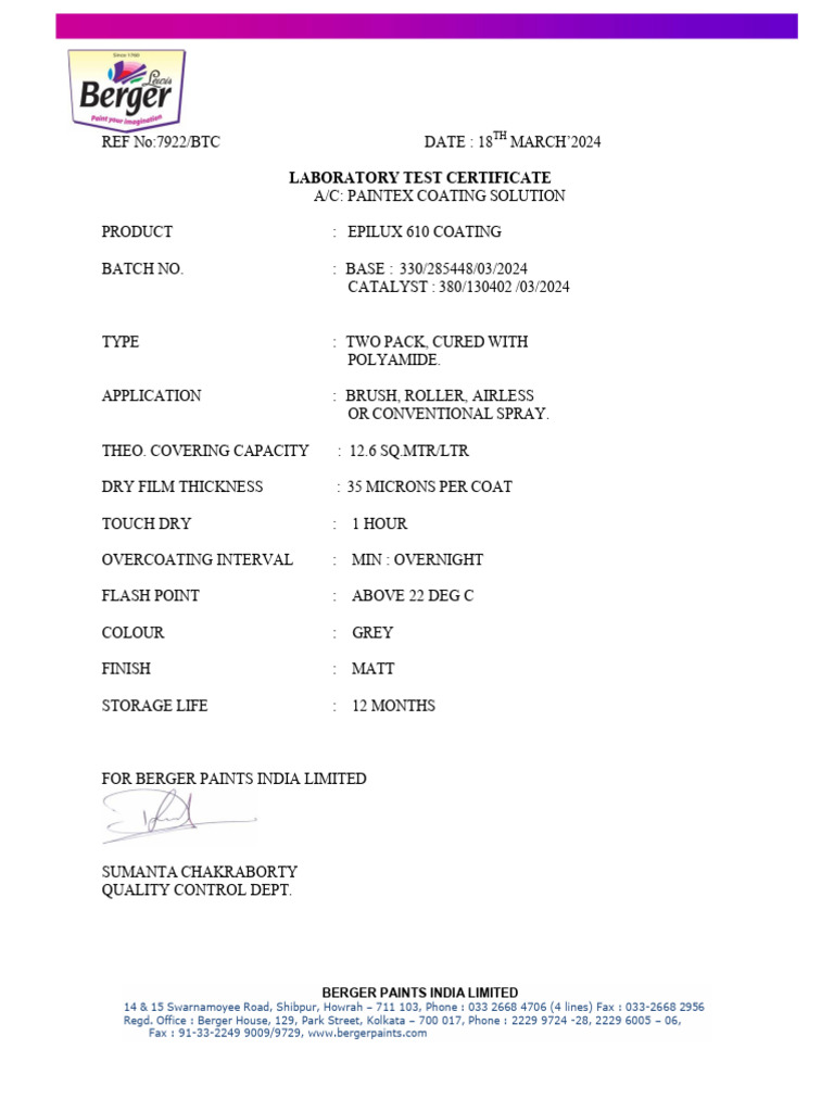 Laboratory Test Certificate for Epilux 610 | PDF