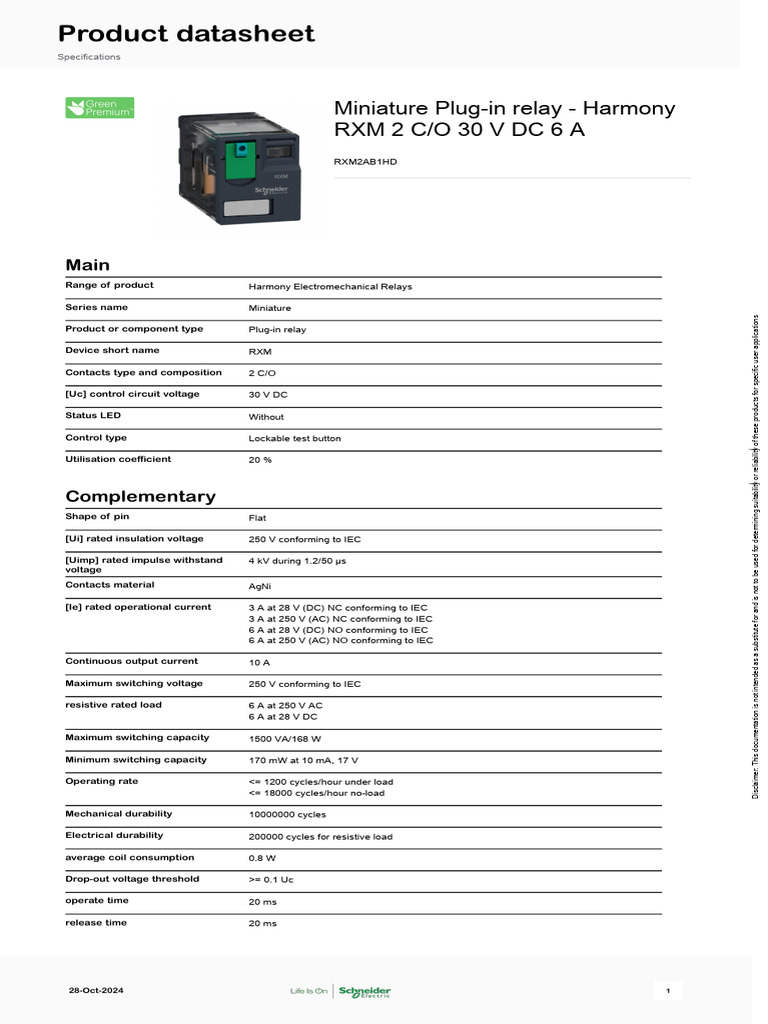 Harmony RXM Miniature Plug-in Relay | PDF | Relay | Voltage