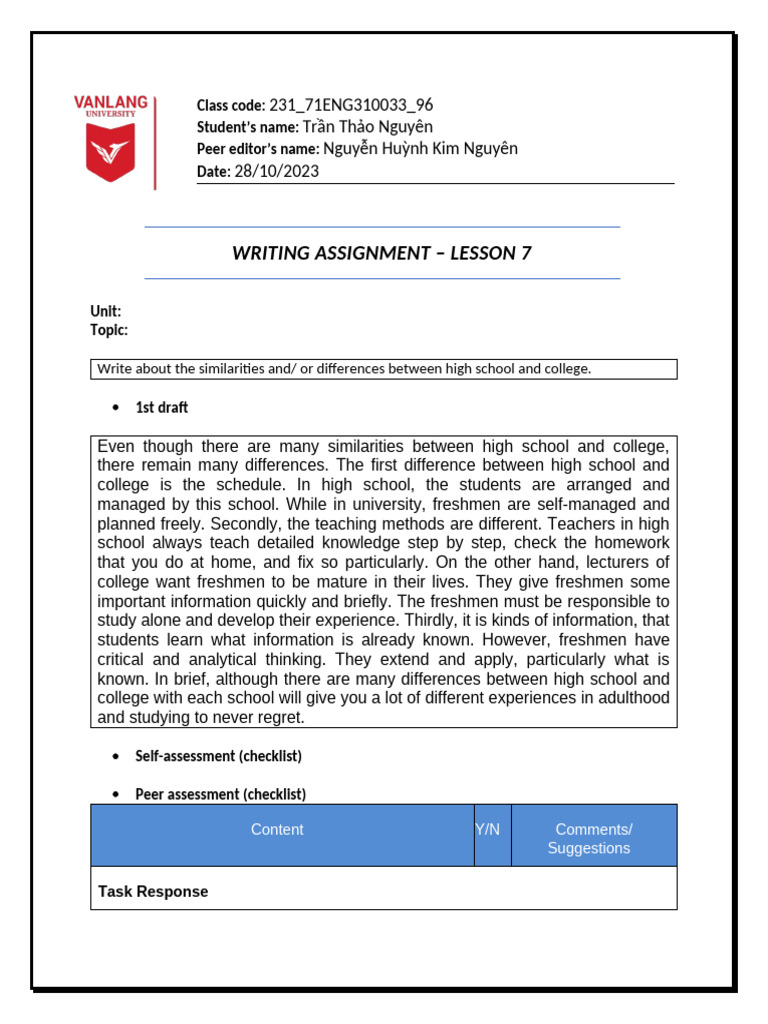 High School vs. College Comparison Essay | PDF | Information | Teaching ...