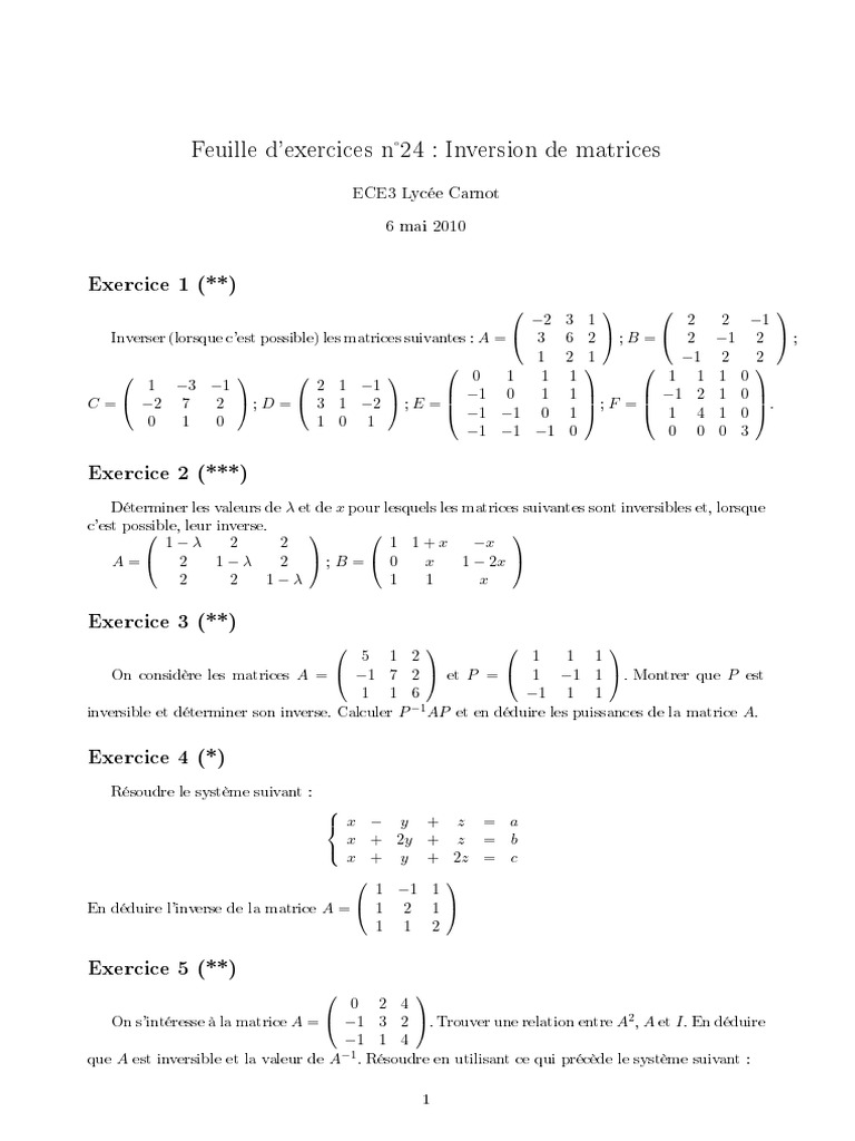 Inversion de Matrices : Exercices et Solutions | PDF | Théorie des ...