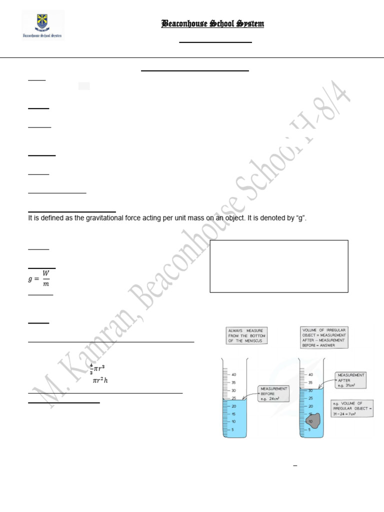 Mass, Weight & Density Handout | PDF | Weight | Density