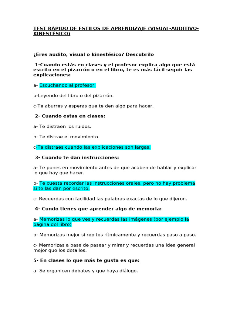Test Rápido de Estilos de Aprendizaje | PDF | Crecimiento personal y ...