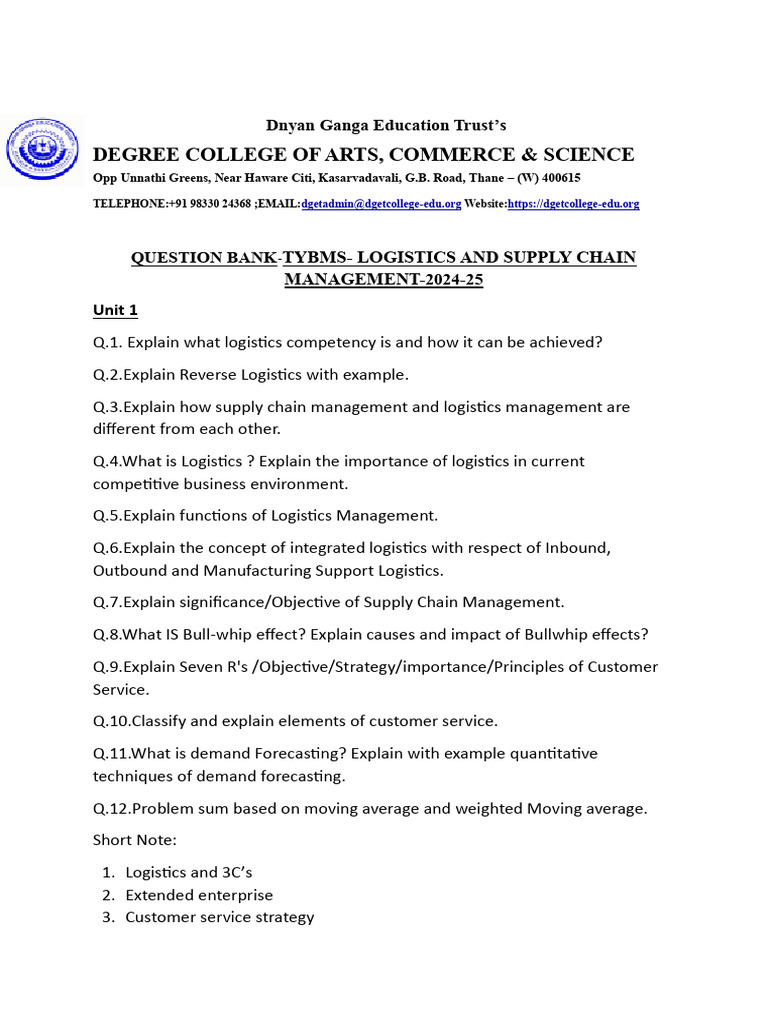 TYBMS Logistics & Supply Chain Question Bank | PDF | Logistics | Warehouse