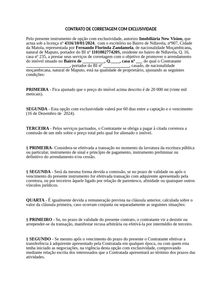 Contrato de Corretagem Exclusiva em Moçambique | PDF | Leasing ...