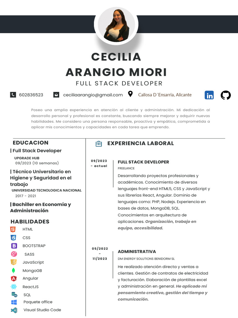 Perfil de Full Stack Developer Cecilia Arangio | PDF | Informática