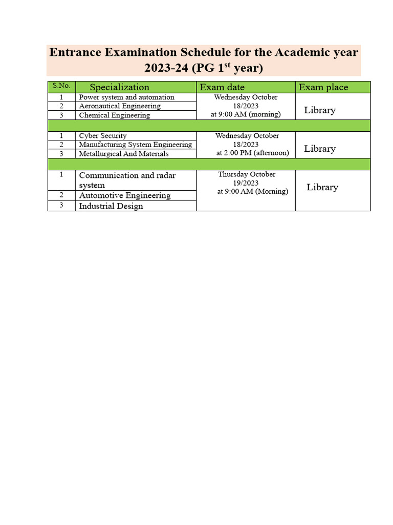 2023-24 PG Entrance Exam Schedule | PDF