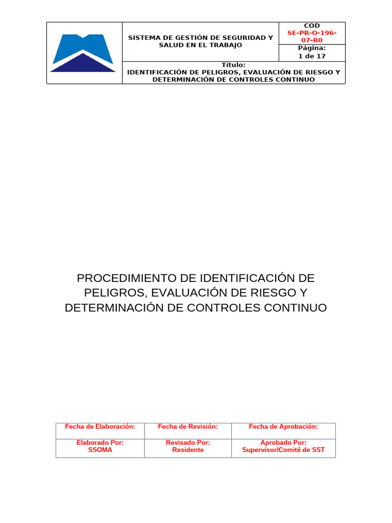 Identificación de Peligros, Evaluación y Control de Riesgos | PDF ...