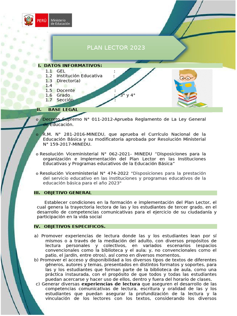Plan Lector 2023 para 3° y 4° Grado | PDF | Educación primaria | Salón ...
