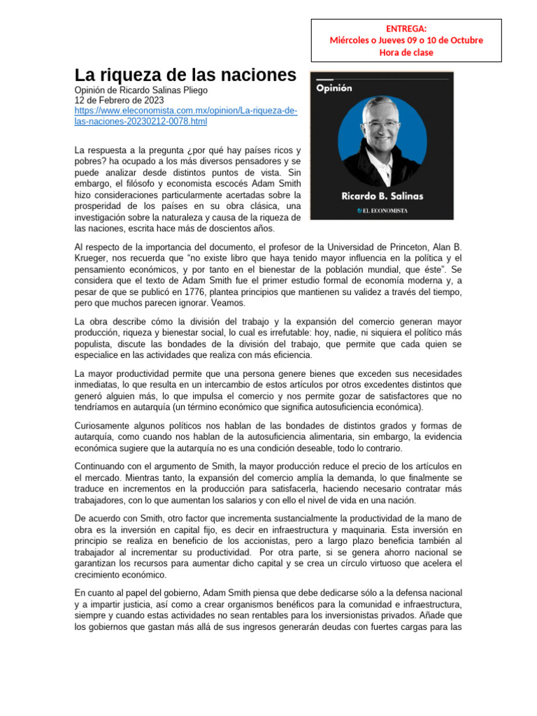 La Riqueza de Las Naciones - LECTURA y Actividad | PDF | La riqueza de ...