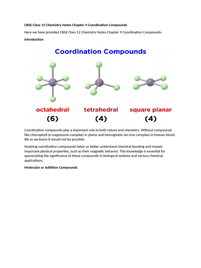 Class 12 Coordination Compounds Notes | PDF | Coordination Complex ...