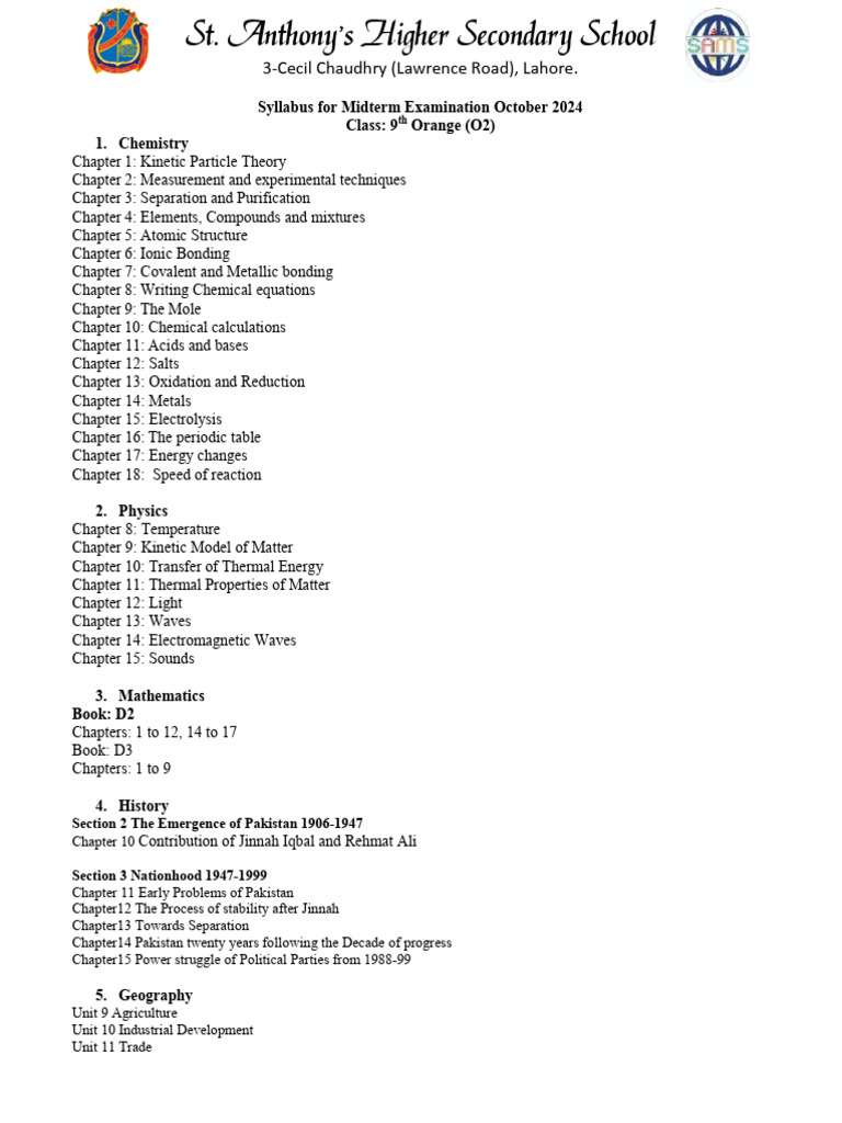 9th Grade Midterm Syllabus 2024 | PDF | Chemistry | Chemical Bond