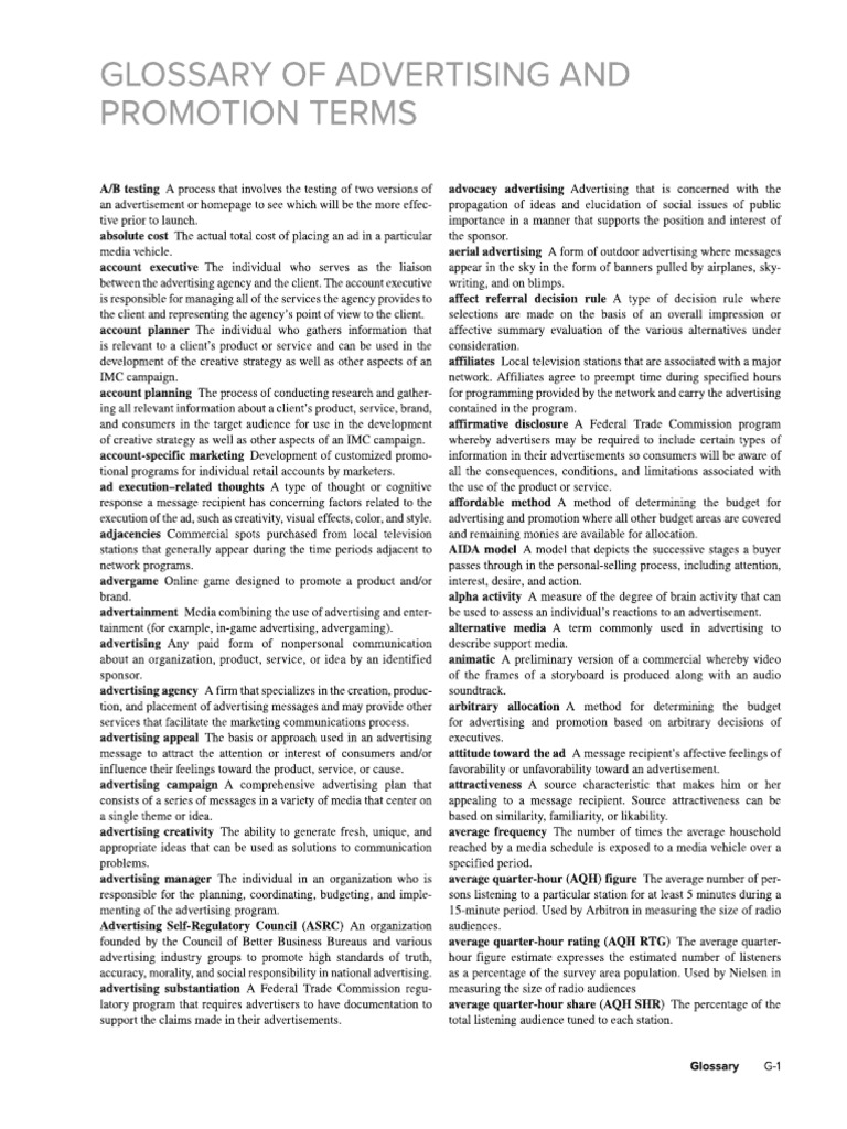 Advertising and Promotion - Glossary | PDF
