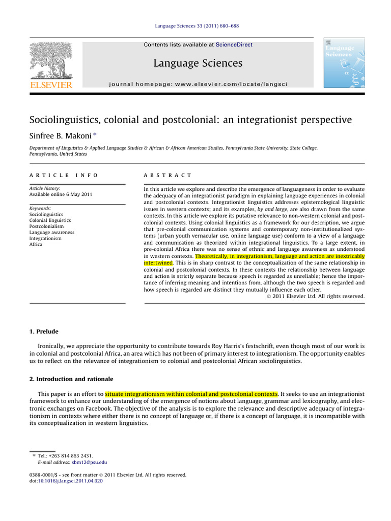 2011 Makoni - Sociolinguistics Integrationism | PDF | Multilingualism ...