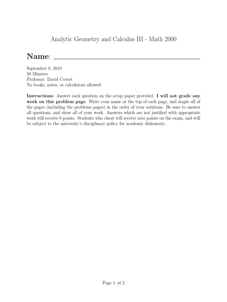 Math 2000 Exam: Analytic Geometry III | PDF