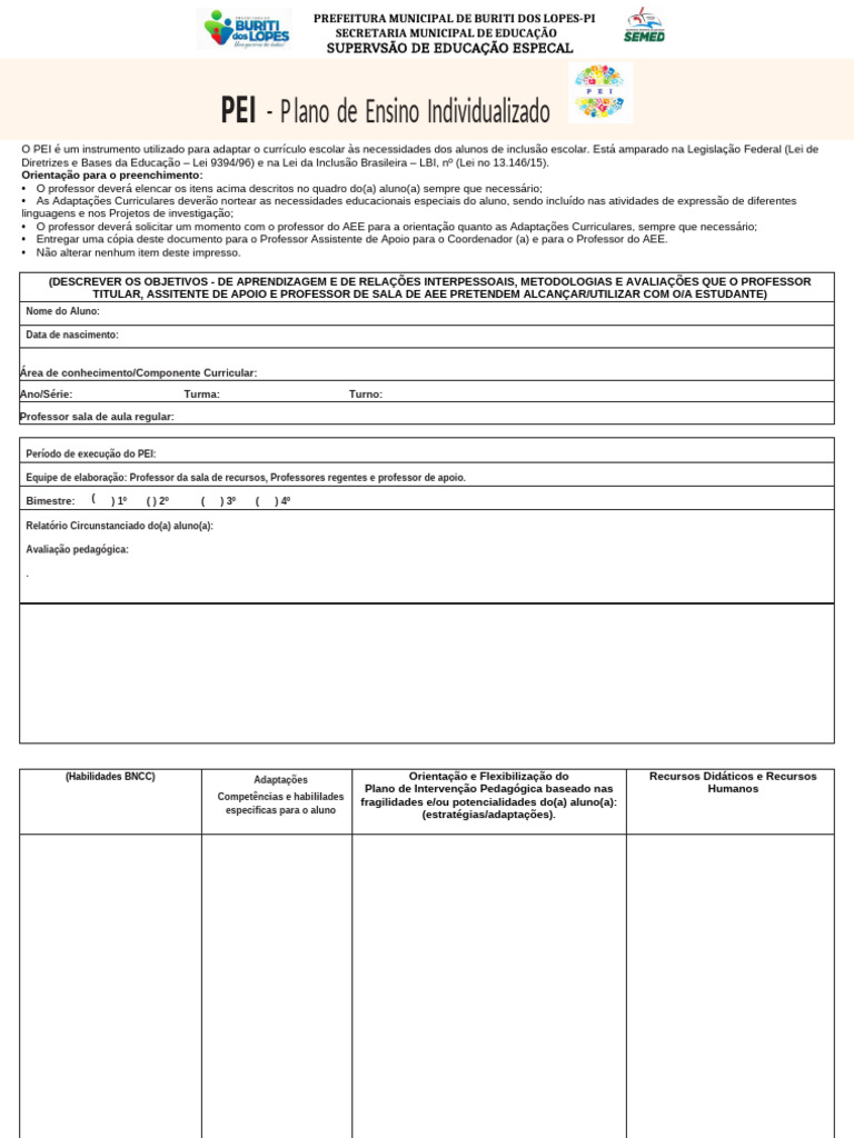 PEI: Plano de Ensino Individualizado para Inclusão | PDF | Pedagogia ...